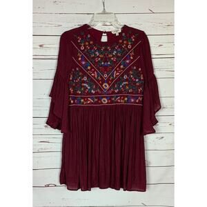 Umgee USA Boutique Women's S Small Burgundy Floral Embroidered Boho Cute Dress